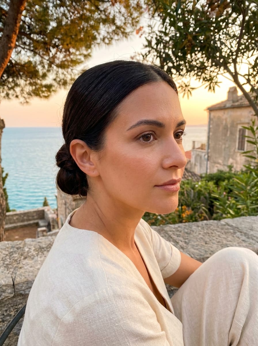 Sleek Low Bun für den Abend - einfache Urlaubsfrisur